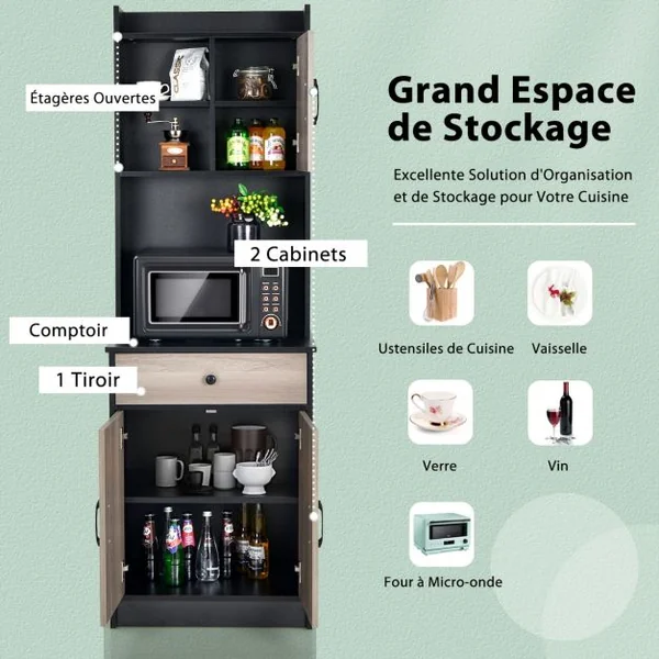 Buffet de Cuisine Meuble Cuisine Rangement avec 3 Portes et 1 Niche de Rangement Passe-Câble 60 x 40 x 180 CM Noir/Blanc