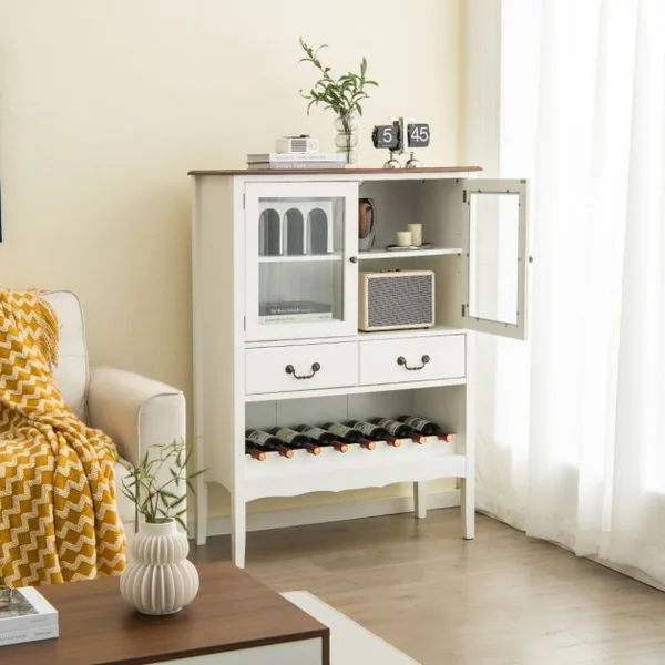 Buffet de Cuisine à 2 Portes vitrées avec 2 Tiroirs Porte-Bouteilles Meuble de Rangement Étagère Réglable Dispositif Anti-basculement 90x40x126,5cm Blanc