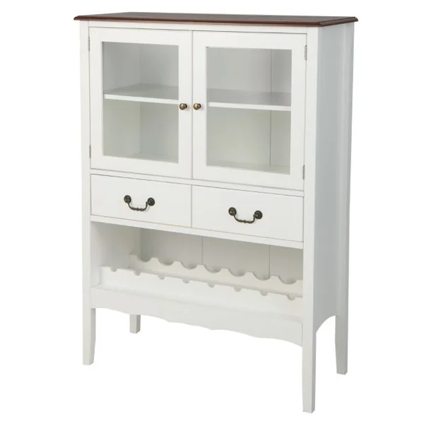 Buffet de Cuisine à 2 Portes vitrées avec 2 Tiroirs Porte-Bouteilles Meuble de Rangement Étagère Réglable Dispositif Anti-basculement 90x40x126,5cm Blanc