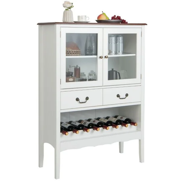 Buffet de Cuisine à 2 Portes vitrées avec 2 Tiroirs Porte-Bouteilles Meuble de Rangement Étagère Réglable Dispositif Anti-basculement 90x40x126,5cm Blanc