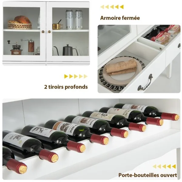 Buffet de Cuisine à 2 Portes vitrées avec 2 Tiroirs Porte-Bouteilles Meuble de Rangement Étagère Réglable Dispositif Anti-basculement 90x40x126,5cm Blanc