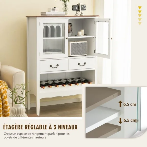Buffet de Cuisine à 2 Portes vitrées avec 2 Tiroirs Porte-Bouteilles Meuble de Rangement Étagère Réglable Dispositif Anti-basculement 90x40x126,5cm Blanc