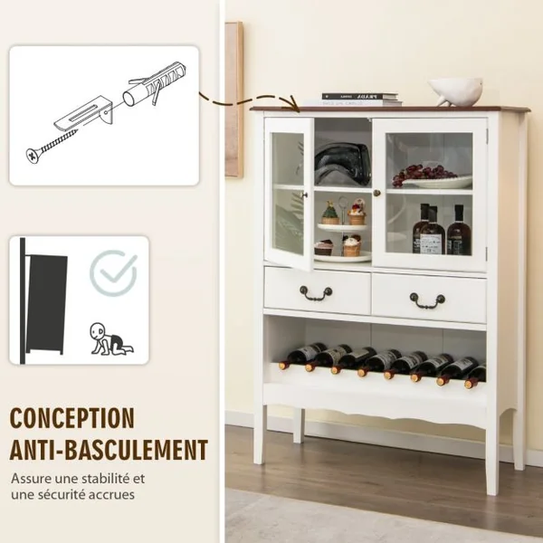 Buffet de Cuisine à 2 Portes vitrées avec 2 Tiroirs Porte-Bouteilles Meuble de Rangement Étagère Réglable Dispositif Anti-basculement 90x40x126,5cm Blanc