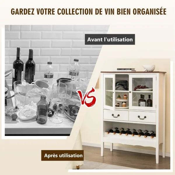 Buffet de Cuisine à 2 Portes vitrées avec 2 Tiroirs Porte-Bouteilles Meuble de Rangement Étagère Réglable Dispositif Anti-basculement 90x40x126,5cm Blanc