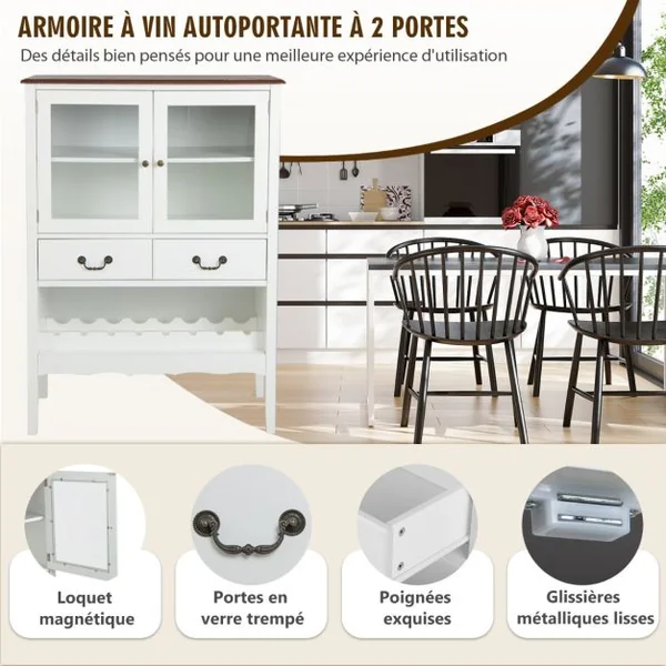 Buffet de Cuisine à 2 Portes vitrées avec 2 Tiroirs Porte-Bouteilles Meuble de Rangement Étagère Réglable Dispositif Anti-basculement 90x40x126,5cm Blanc