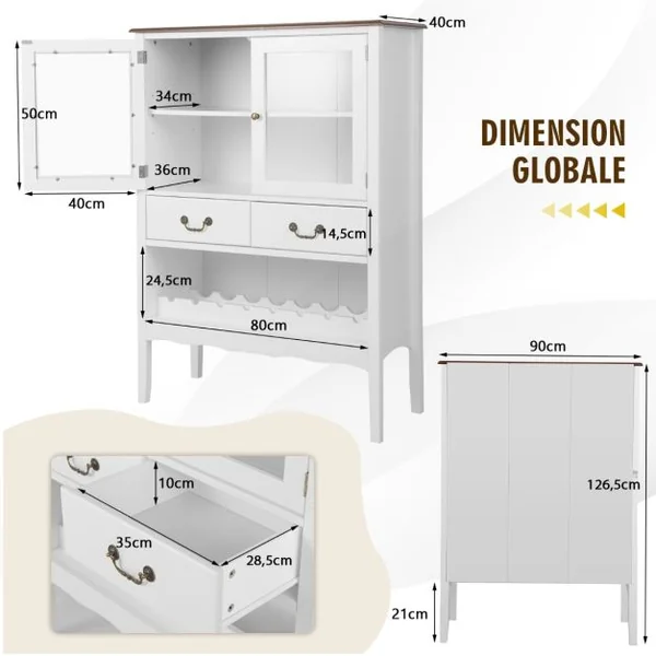 Buffet de Cuisine à 2 Portes vitrées avec 2 Tiroirs Porte-Bouteilles Meuble de Rangement Étagère Réglable Dispositif Anti-basculement 90x40x126,5cm Blanc