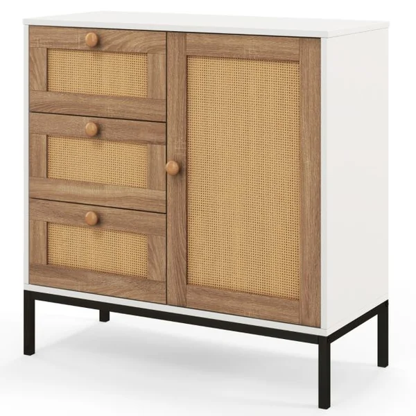 Buffet en Faux Rotin Armoire Basse d'Appoint avec 1 Porte avec Étagères et 3 Tiroirs Table Console Autoportante Bohème pour Cuisine Salon Blanc