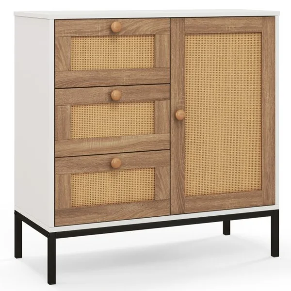 Buffet en Faux Rotin Armoire Basse d'Appoint avec 1 Porte avec Étagères et 3 Tiroirs Table Console Autoportante Bohème pour Cuisine Salon Blanc