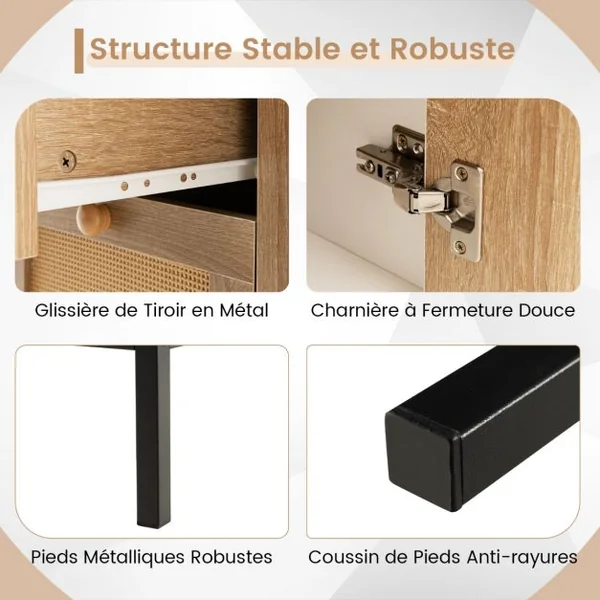 Buffet en Faux Rotin Armoire Basse d'Appoint avec 1 Porte avec Étagères et 3 Tiroirs Table Console Autoportante Bohème pour Cuisine Salon Blanc