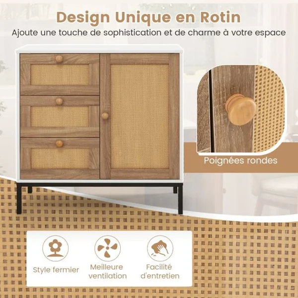 Buffet en Faux Rotin Armoire Basse d'Appoint avec 1 Porte avec Étagères et 3 Tiroirs Table Console Autoportante Bohème pour Cuisine Salon Blanc