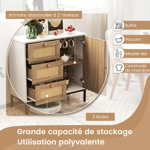Buffet en Faux Rotin Armoire Basse d'Appoint avec 1 Porte avec Étagères et 3 Tiroirs Table Console Autoportante Bohème pour Cuisine Salon Blanc