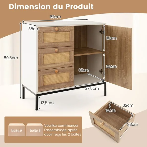 Buffet en Faux Rotin Armoire Basse d'Appoint avec 1 Porte avec Étagères et 3 Tiroirs Table Console Autoportante Bohème pour Cuisine Salon Blanc