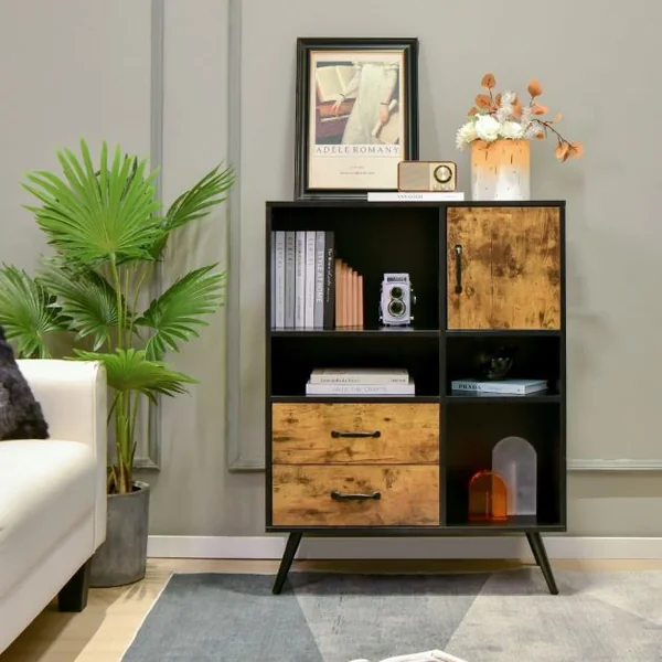Buffet Industriel Bois avec 2 Tiroirs 4 Compartiments et 1 Placard Meuble de Rangement à 4 Pieds 80x40x106cm Marron Rustique et Noir