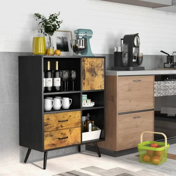 Buffet Industriel Bois avec 2 Tiroirs 4 Compartiments et 1 Placard Meuble de Rangement à 4 Pieds 80x40x106cm Marron Rustique et Noir