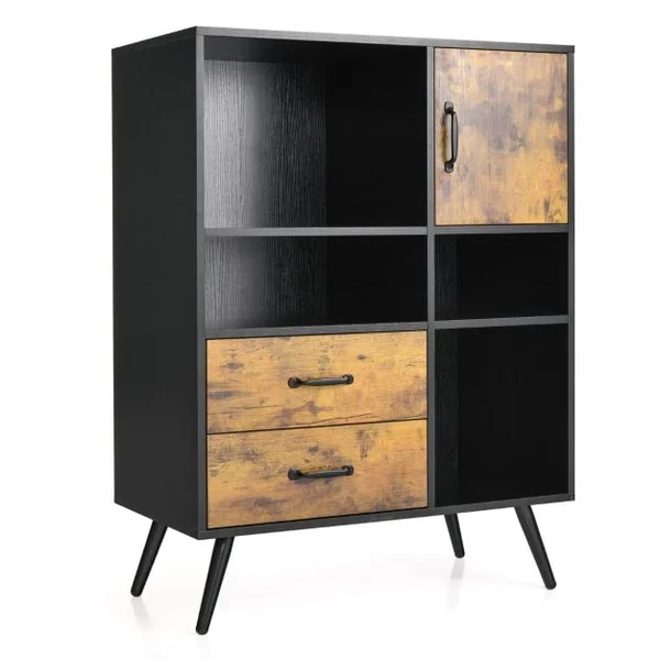Buffet Industriel Bois avec 2 Tiroirs 4 Compartiments et 1 Placard Meuble de Rangement à 4 Pieds 80x40x106cm Marron Rustique et Noir