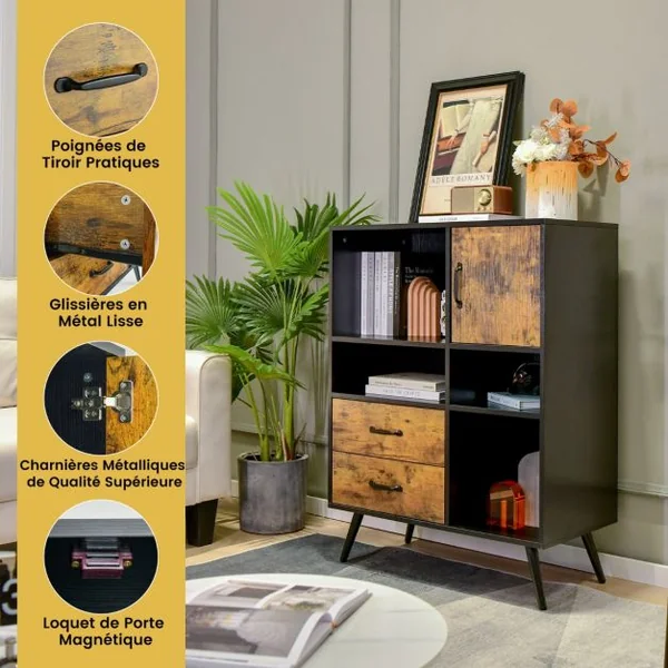 Buffet Industriel Bois avec 2 Tiroirs 4 Compartiments et 1 Placard Meuble de Rangement à 4 Pieds 80x40x106cm Marron Rustique et Noir
