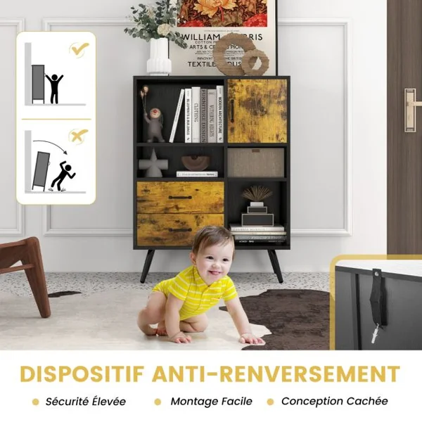 Buffet Industriel Bois avec 2 Tiroirs 4 Compartiments et 1 Placard Meuble de Rangement à 4 Pieds 80x40x106cm Marron Rustique et Noir