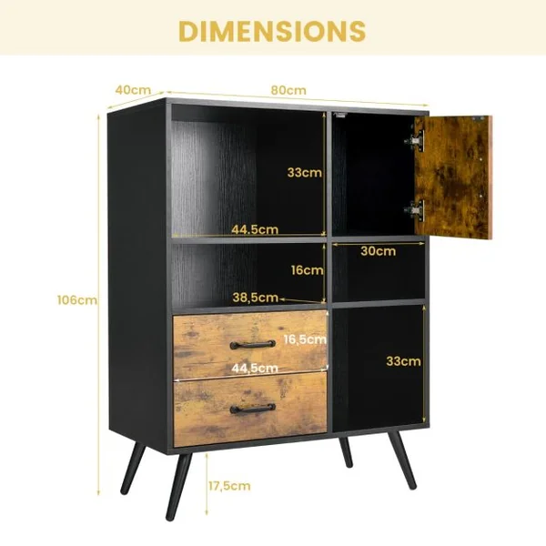 Buffet Industriel Bois avec 2 Tiroirs 4 Compartiments et 1 Placard Meuble de Rangement à 4 Pieds 80x40x106cm Marron Rustique et Noir