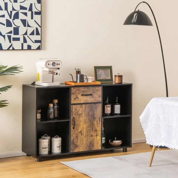 Buffet Industriel de 120 cm avec 4 Cubes Ouverts 1 Porte 1 Tiroir Dispositif Anti-basculement Console Multifonctionnelle Marron Rustique