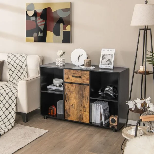 Buffet Industriel de 120 cm avec 4 Cubes Ouverts 1 Porte 1 Tiroir Dispositif Anti-basculement Console Multifonctionnelle Marron Rustique