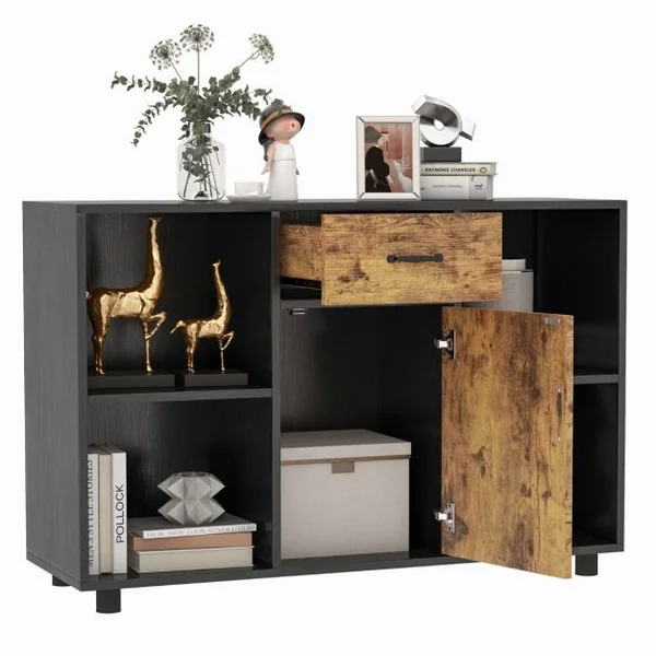 Buffet Industriel de 120 cm avec 4 Cubes Ouverts 1 Porte 1 Tiroir Dispositif Anti-basculement Console Multifonctionnelle Marron Rustique