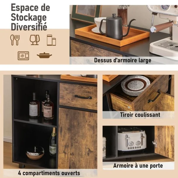 Buffet Industriel de 120 cm avec 4 Cubes Ouverts 1 Porte 1 Tiroir Dispositif Anti-basculement Console Multifonctionnelle Marron Rustique