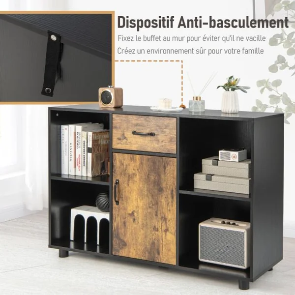 Buffet Industriel de 120 cm avec 4 Cubes Ouverts 1 Porte 1 Tiroir Dispositif Anti-basculement Console Multifonctionnelle Marron Rustique