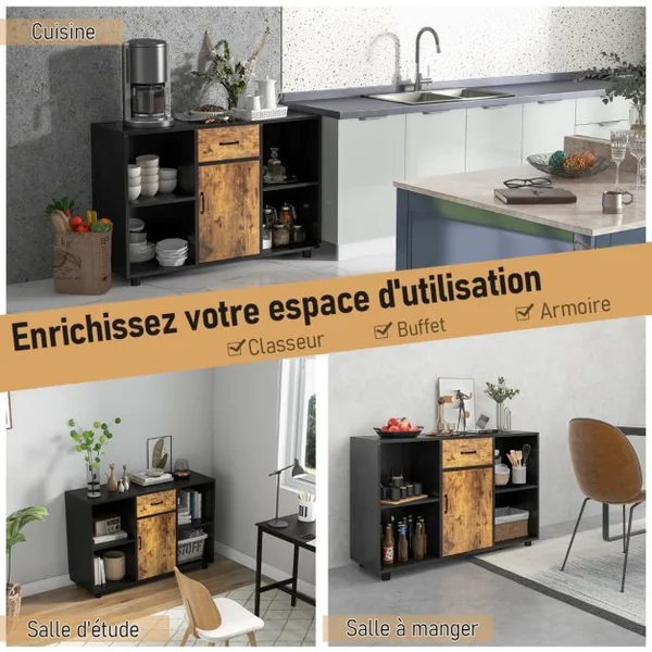 Buffet Industriel de 120 cm avec 4 Cubes Ouverts 1 Porte 1 Tiroir Dispositif Anti-basculement Console Multifonctionnelle Marron Rustique