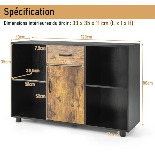 Buffet Industriel de 120 cm avec 4 Cubes Ouverts 1 Porte 1 Tiroir Dispositif Anti-basculement Console Multifonctionnelle Marron Rustique