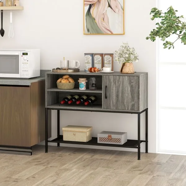 Buffet Latéral Meuble de Bar à Café avec Racks à Vin & Étagères de Rangement Console en Bois avec Cadre Métallique Café/Gris