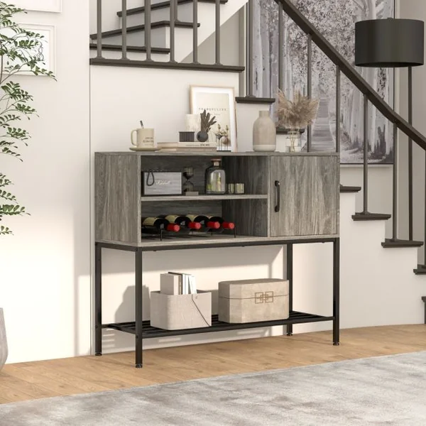 Buffet Latéral Meuble de Bar à Café avec Racks à Vin & Étagères de Rangement Console en Bois avec Cadre Métallique Café/Gris