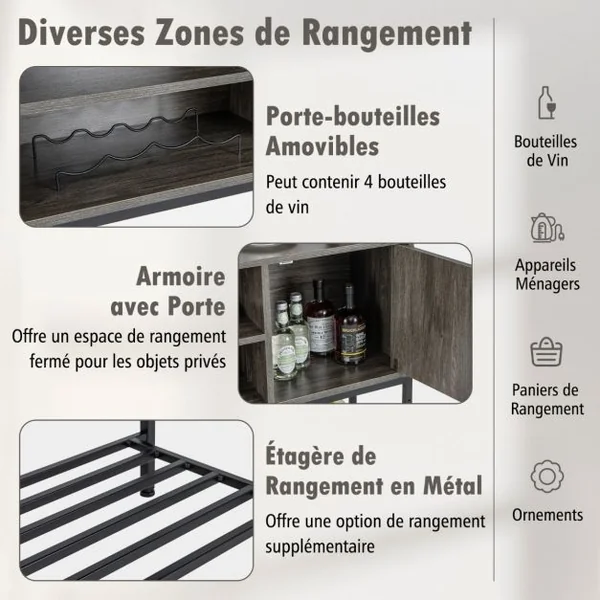 Buffet Latéral Meuble de Bar à Café avec Racks à Vin & Étagères de Rangement Console en Bois avec Cadre Métallique Café/Gris