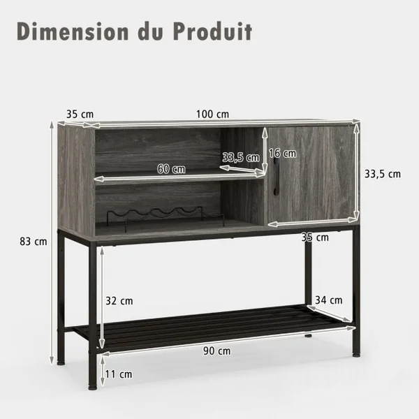 Buffet Latéral Meuble de Bar à Café avec Racks à Vin & Étagères de Rangement Console en Bois avec Cadre Métallique Café/Gris