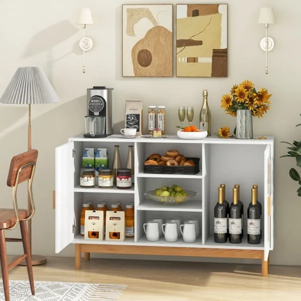 Buffet Moderne 120 CM Meuble de Rangement avec 2 Portes tressées en Bambou 3 étagères Ouvertes Table Console d'appoint Armoire Basse Blanc