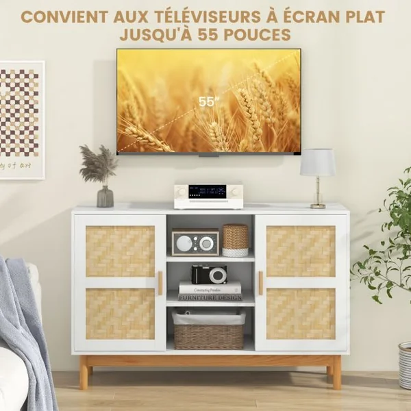 Buffet Moderne 120 CM Meuble de Rangement avec 2 Portes tressées en Bambou 3 étagères Ouvertes Table Console d'appoint Armoire Basse Blanc