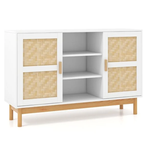 Buffet Moderne 120 CM Meuble de Rangement avec 2 Portes tressées en Bambou 3 étagères Ouvertes Table Console d'appoint Armoire Basse Blanc
