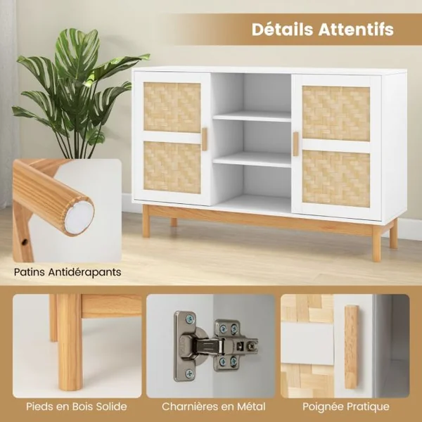 Buffet Moderne 120 CM Meuble de Rangement avec 2 Portes tressées en Bambou 3 étagères Ouvertes Table Console d'appoint Armoire Basse Blanc