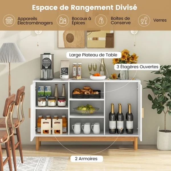 Buffet Moderne 120 CM Meuble de Rangement avec 2 Portes tressées en Bambou 3 étagères Ouvertes Table Console d'appoint Armoire Basse Blanc