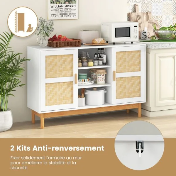 Buffet Moderne 120 CM Meuble de Rangement avec 2 Portes tressées en Bambou 3 étagères Ouvertes Table Console d'appoint Armoire Basse Blanc