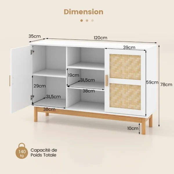 Buffet Moderne 120 CM Meuble de Rangement avec 2 Portes tressées en Bambou 3 étagères Ouvertes Table Console d'appoint Armoire Basse Blanc