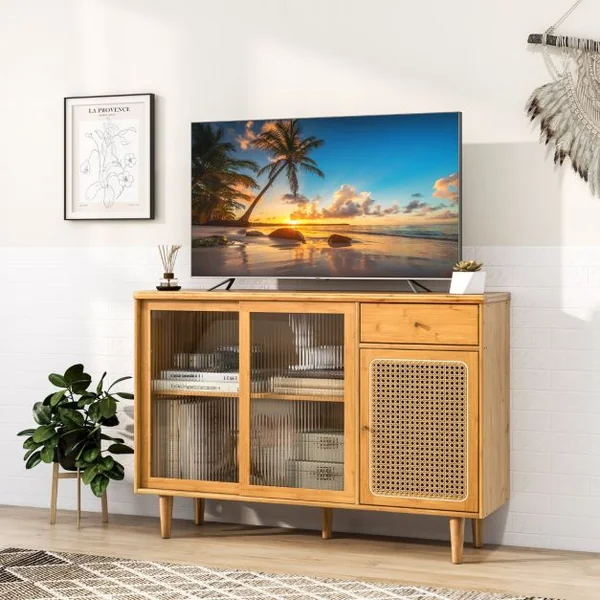 Buffet Moderne du Milieu du Siècle en Bambou avec Portes Coulissantes en Verre Trempé Armoire et Tiroir en Rotin Naturel