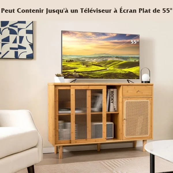 Buffet Moderne du Milieu du Siècle en Bambou avec Portes Coulissantes en Verre Trempé Armoire et Tiroir en Rotin Naturel