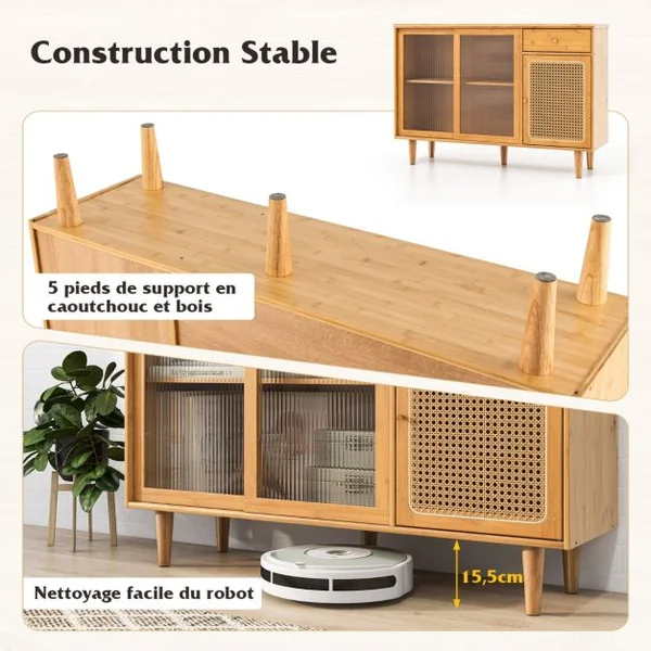 Buffet Moderne du Milieu du Siècle en Bambou avec Portes Coulissantes en Verre Trempé Armoire et Tiroir en Rotin Naturel