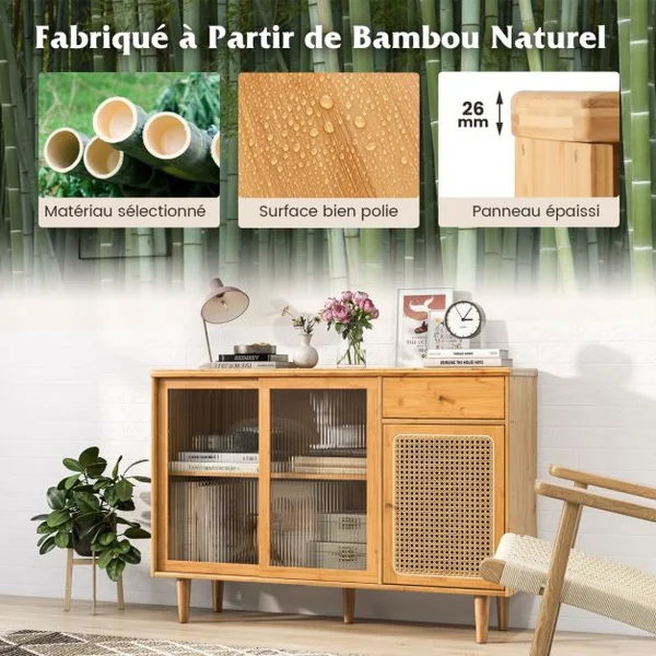 Buffet Moderne du Milieu du Siècle en Bambou avec Portes Coulissantes en Verre Trempé Armoire et Tiroir en Rotin Naturel