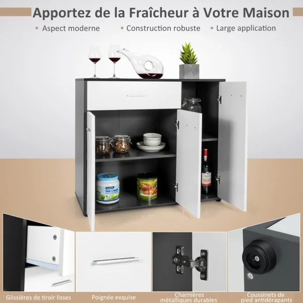 Buffet Moderne Placard de Cuisine avec Dispositif Anti-renversement et Étagère Réglable Armoire de Rangement Latérale à 3 Portes Grand Tiroir
