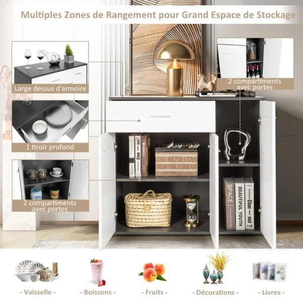 Buffet Moderne Placard de Cuisine avec Dispositif Anti-renversement et Étagère Réglable Armoire de Rangement Latérale à 3 Portes Grand Tiroir