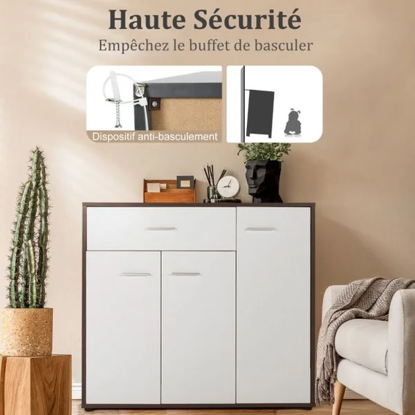 Buffet Moderne Placard de Cuisine avec Dispositif Anti-renversement et Étagère Réglable Armoire de Rangement Latérale à 3 Portes Grand Tiroir