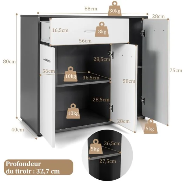 Buffet Moderne Placard de Cuisine avec Dispositif Anti-renversement et Étagère Réglable Armoire de Rangement Latérale à 3 Portes Grand Tiroir