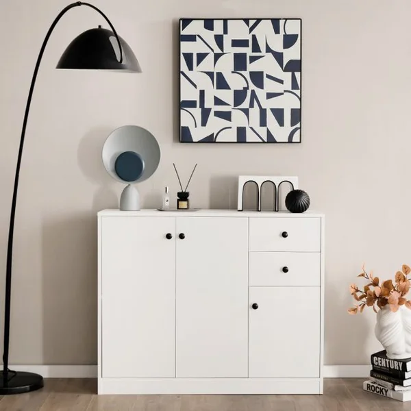 Buffet Salon avec 2 Placards à Porte et 2 Tiroirs Meuble de Rangement Commode Blanc Étagères Réglables Dispositif Anti-basculement pour Salon 106 x 34 x 85,5 cm