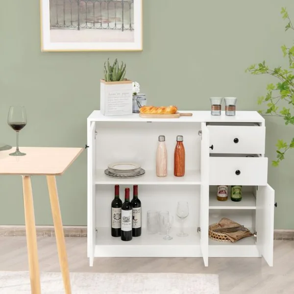 Buffet Salon avec 2 Placards à Porte et 2 Tiroirs Meuble de Rangement Commode Blanc Étagères Réglables Dispositif Anti-basculement pour Salon 106 x 34 x 85,5 cm